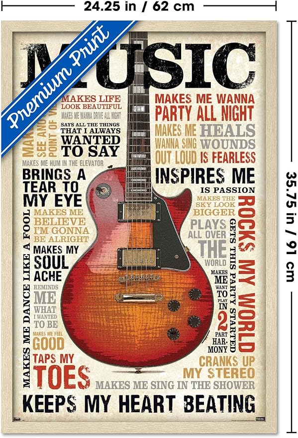 Music Inspires Me Wall Poster, 34L" x 22.4W", Blonde Framed Version