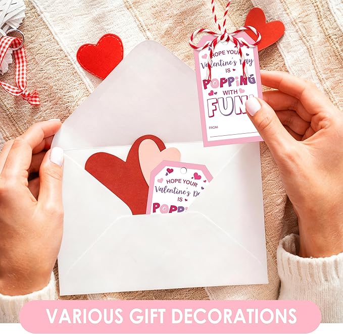 50 Pcs Have A Poppin Valentines Day Sticker Label, Valentine Gift Tags with String, Gift Label Paper Tags Labels Idea Valentines Activity Party Favors-Pink
