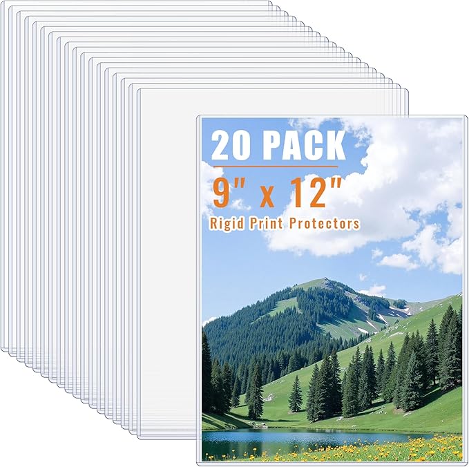 AKONEGE 20PCS 9" x 12" Rigid Print Protectors Clear Plastic Sheet Protectors, Heavy Duty Top Loading Document Holder, Menu Cover, Photo Poster Sleeves Hard Plastic Sleeves for Paper Art Prints