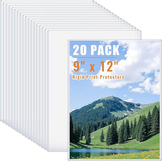 AKONEGE 20PCS 9" x 12" Rigid Print Protectors Clear Plastic Sheet Protectors, Heavy Duty Top Loading Document Holder, Menu Cover, Photo Poster Sleeves Hard Plastic Sleeves for Paper Art Prints