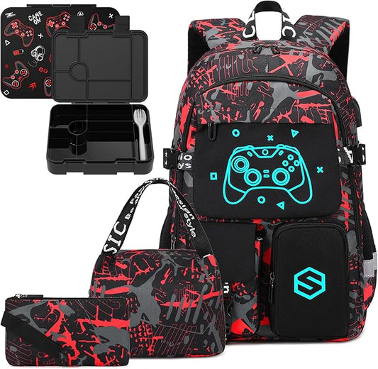 Boys Backpack, Cool Luminous Gamer School Backpacks for Boys with Kids Bento Lunch Box Lunch Bag Pencil Case, Kids Backpack Book Bags for Kindergarten Elementary Middle School