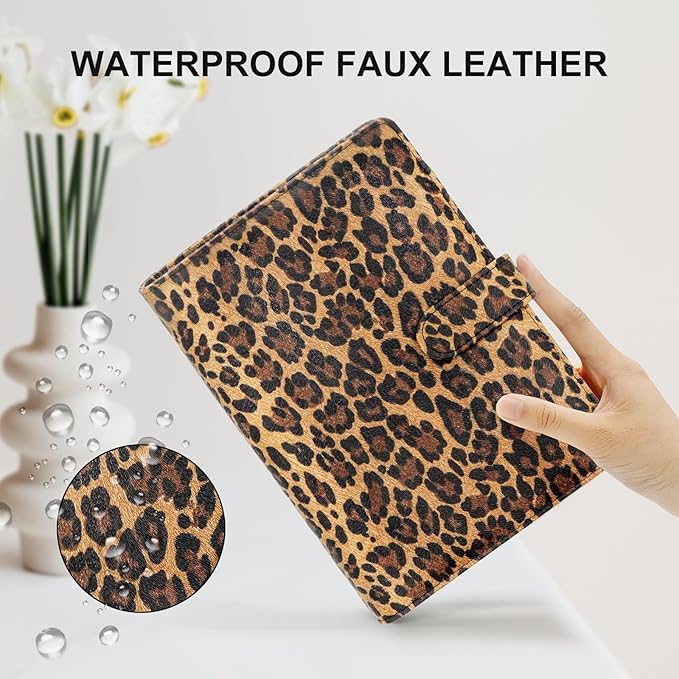 A5 Refillable 6 Ring Faux Leather Budget Binder,Mini Notebook Binder Cover for A5 Filler Paper,Loose Leaf Personal Planner Cover with Magnetic Buckle Closure(Leopard)