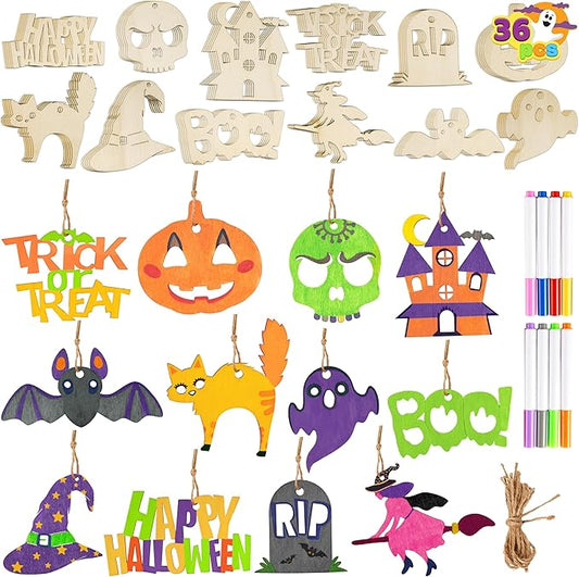 JOYIN 100 Pcs Halloween Craft Wooden Painting Kit, Halloween Party Supplies, Party Favors for Kids, Wood Blank Cutouts Ornaments, Gift Tags Decor for School Art DIY Activities Goodies Games