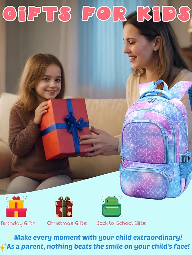 BLUEFAIRY Girls Mermaid Backpack Set with Lunch Box - Lightweight School Bookbag for Kids Aged 4-8