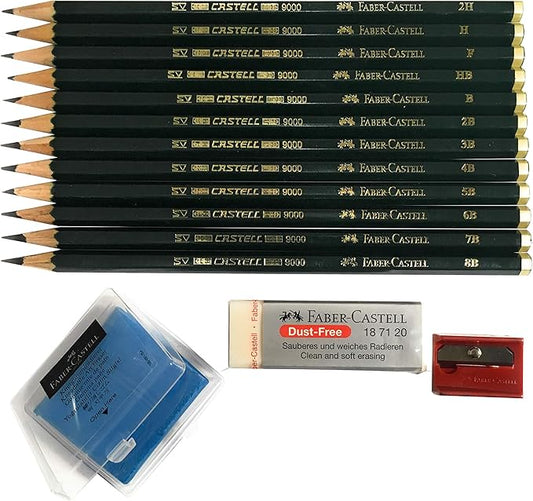 Faber-Castell 9000 Graphite Sketch Pencil Art Set (8B - 2H) with Kneaded Art Eraser, Large Dust Free Eraser and Sharpener