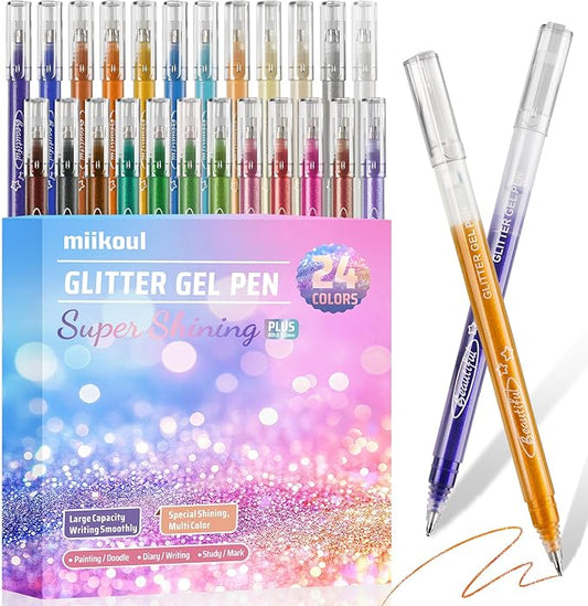 miikoul Super Glitter Gel Pens, 24 Pack 1.0 Mm Fine Point Large Capacity Colored Pen Water-Based Ink Drawing Pens Metallic Sparkly Markers for Kids Adults Coloring DIY Crafts Greeting Birthday Cards
