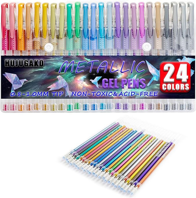 48 Pack Metallic Gel Pens, 24 Colored Gel Pen with 24 Refills,40% More Ink Write Smooth for Adults Coloring Books Drawing Doodling Scrapbooks Bullet Journaling