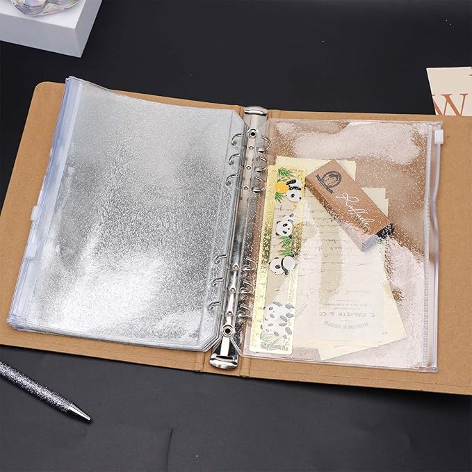 10pcs A5 Cash Stuffing Envelopes Zipper Binder Pockets Clear Glitter PVC 6 Hole Zip Sleeves Loose Leaf Pouches for 6 Ring Binder Planner (A5 5.91" x 8.19")