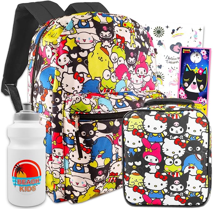 Hello Kitty Backpack with Lunch Box for Set - Bundle with 16" Hello Kitty Backpack, Hello Kitty Lunch Bag, Water Bottle, Tattoos, More | Hello Kitty School Backpack for Girls