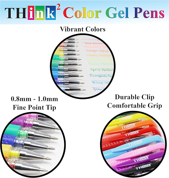 [24 Colors] Think2 Color Gel Pens Set for Teens and Adult. Perfect for Drawing, Journaling, Doodling, Scrapbooking