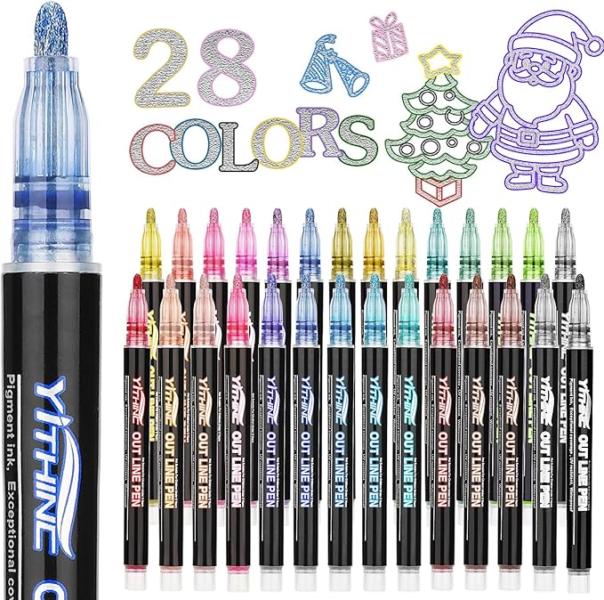 Outline Shimmer Markers, Tween Teen Girl Gifts Trendy Stuff, 28 Glitter Metallic Gel Pens Coloring, Arts and Crafts Drawing Supplies Kits Birthday Gift for Kids Girls Ages 4, 6, 8, 10, 12 Year Old