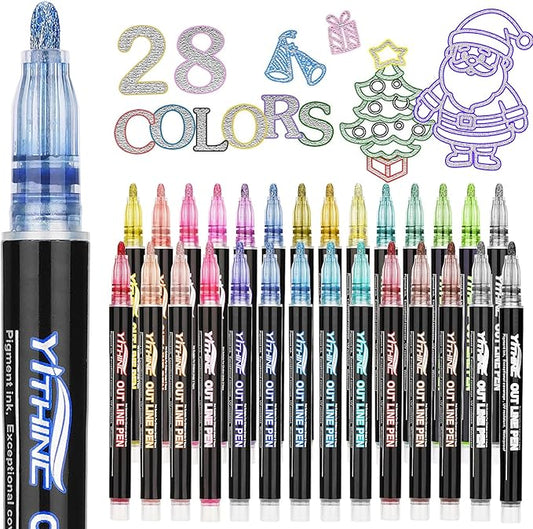 Outline Shimmer Markers, Tween Teen Girl Gifts Trendy Stuff, 28 Glitter Metallic Gel Pens Coloring, Arts and Crafts Drawing Supplies Kits Birthday Gift for Kids Girls Ages 4, 6, 8, 10, 12 Year Old