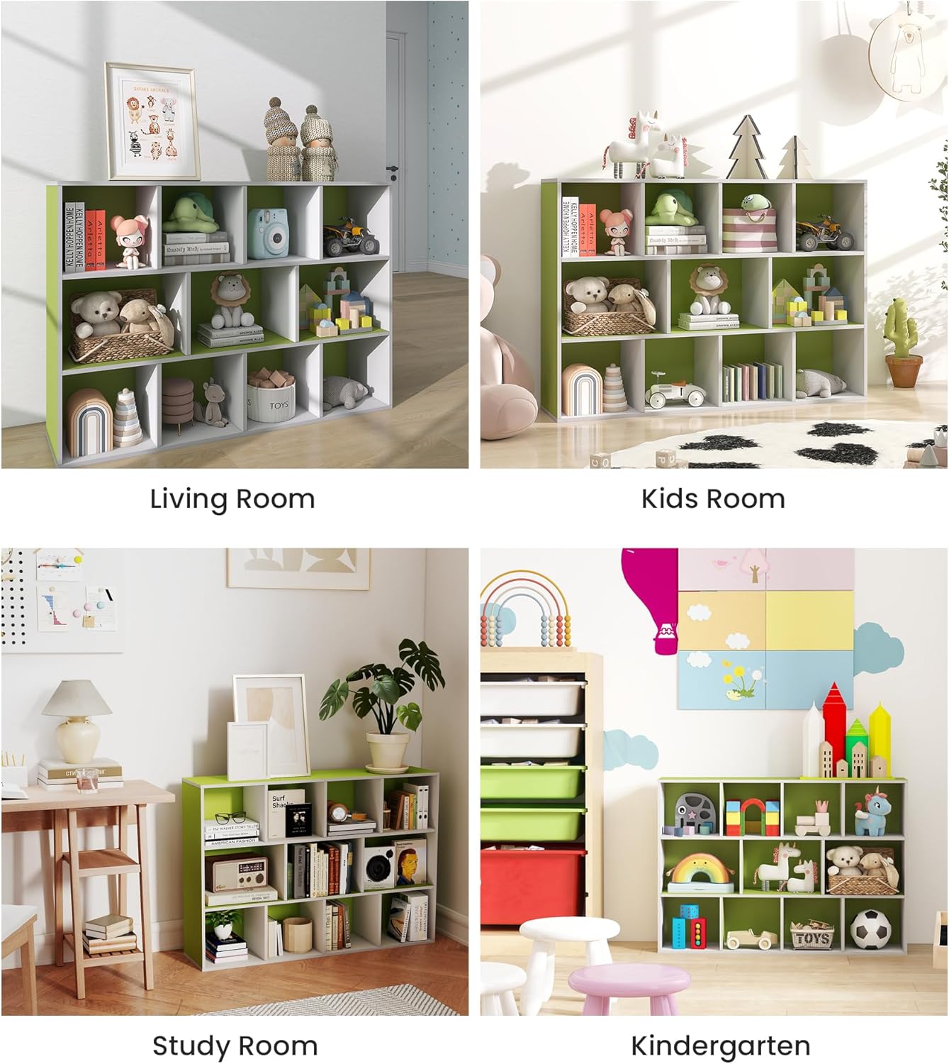 11 Cube Small Kids Bookshelf & Toy Organizer – Wooden Cube Bookcase for Playroom Organization and Storage, Book Storage for Kids Room, Baby Bookshelf for Nursery, Green/White