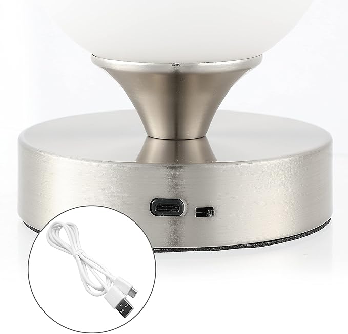 JONATHAN Y 6.13" Nickel/White Modern Cordless Rechargeable LED Table Lamp, Frosted White Glass Shade, Touch Dimmable Mini Accent Light for Bar, Bedroom, Nightstand (JYL7112B)
