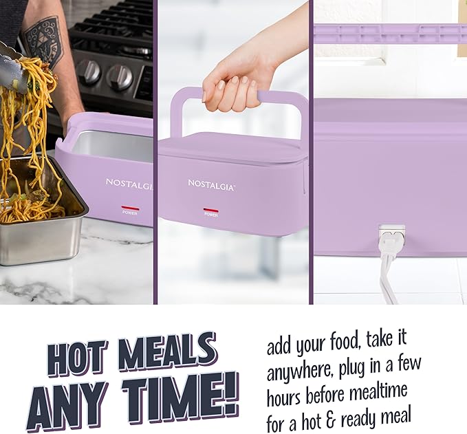 Nostalgia Portable Heated Lunch Box – 4-Cup Stainless Steel Food Warmer – Detachable Cord, Leak-Proof Lid, Carry Handle – Portable for Work & Travel – Lavender