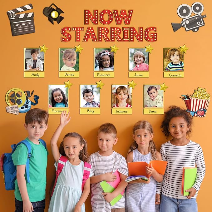 Movie Star Bulletin Board Set Now Starring Bulletin Board for Classroom Decor DIY Photo Crafts Camera Lights Learn Clapperboard Film Tickets Cutouts Accents for School Chalkboard Wall Supplies