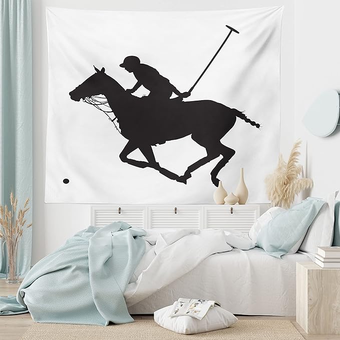 Ambesonne Sports Tapestry, Silhouette Illustration of Polo Player on a Horse Hitting a Ball Print, Fabric Wall Hanging Decor for Bedroom Living Room Dorm, 28" X 23", Charcoal Grey