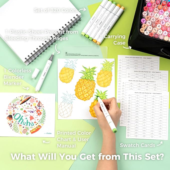 Ohuhu Alcohol Markers Brush Tip - 320-color Double Tipped Art Sketch Marker Set for Artists Adults Coloring Illustration -Brush & Chisel Dual Tips - Honolulu Series of Ohuhu Markers - Refillable Ink