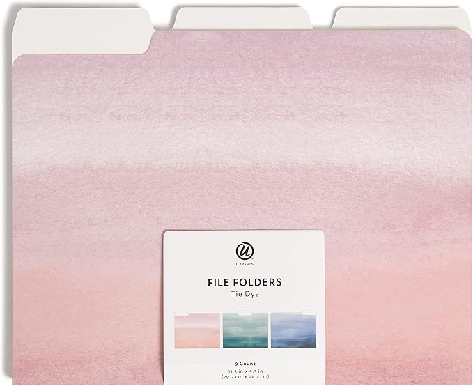 U Brands Fashion File Folders, 9 Count, 1/3-Cut Tabs in Assorted Positions, Letter Size, Office Supplies (Tie Dye)