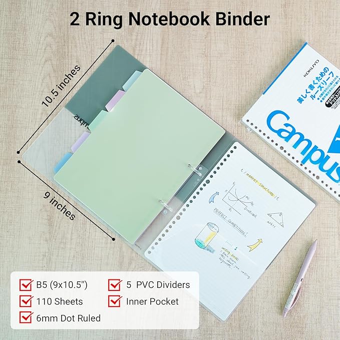 KOKUYO 5 Subject Spiral Notebook Journal, Campus 110 Sheets B5 Refillable Notebook with Dividers Tabs, 6mm Dot Lined Binder Notebook for Work School Note Taking. 9" x 10.5", Grey, Japan Import