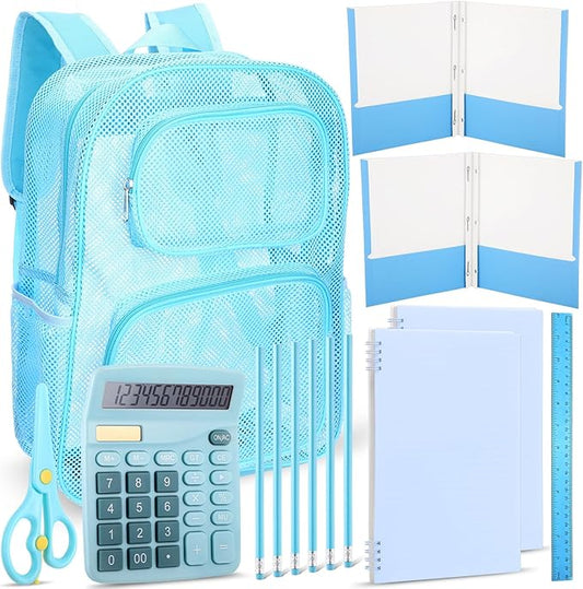 13 Piece Operation Christmas Bulk Item, 17" Mesh Backpack Semi Transparent Heavy Duty, Notebook for Holiday Donation(Blue)