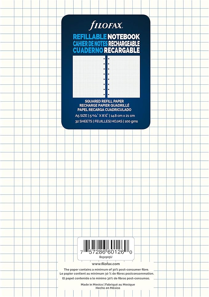 Filofax Notebooks A5 Quad Journal Refill, Movable, 8 1/4 x 5 13/16 inches, 32 Cream Sheets Fits Filofax Refillable A5 (B152905U)