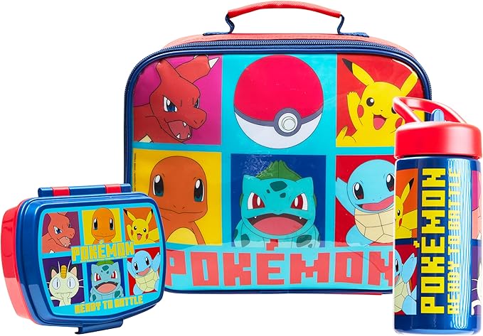 Pokemon Insulated Lunch Bag with Lunch Box Water Bottle Set for Kids 3 Piece School Snack Bag Pikachu Gifts for Kids (Red/Blue)