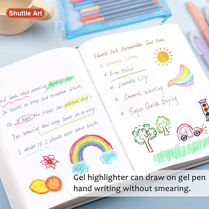Shuttle Art Bible Highlighters and Pens No Bleed, 22 Pack Bible Journaling Kit, 10 Colors Gel Highlighters and 12 Colors Fineliner Pens with a storage bag, Bible Markers No Bleed Through
