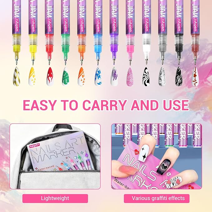 12 Colors Nail Art Pens, Fine Tips Nail Polish Pens Quick Dry, Graffiti Dotting Pen Acrylic Painted Pen Kit 3d Nail Polish Pens Drawing Painting for Diy Nails Art Design Manicure Tools