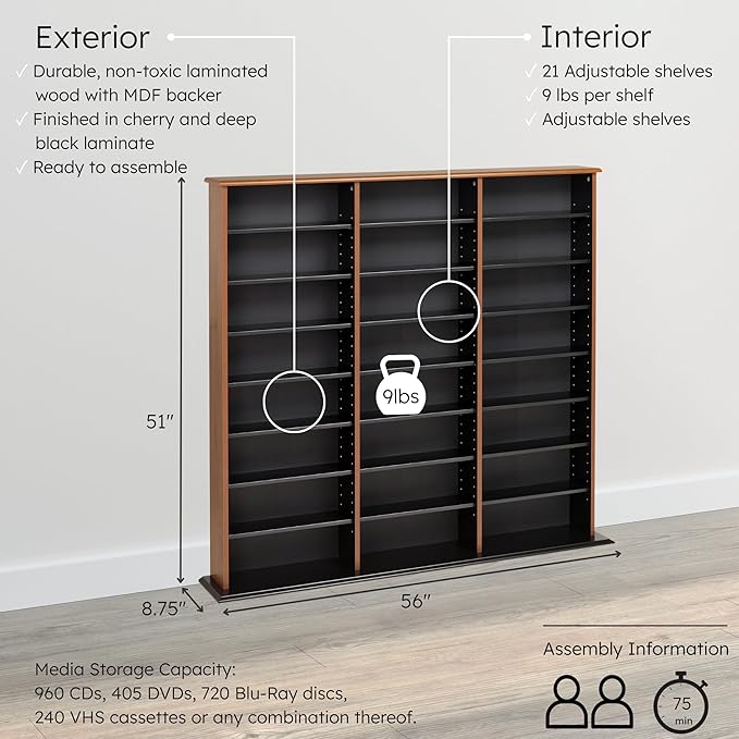 Prepac 3 Column Tall Storage Cabinet, Cherry & Black Storage Cabinet with 21 Adjustable Shelves Display DVD Perfect for Living Room, 8.75" D x 56" W x 51" H