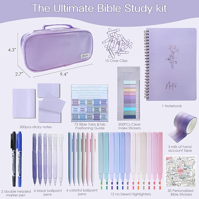 J6&H6 Complete Bible Study Supplies Journaling Kit with Tabs, Highlighters and Color Pens, Notebook,Stickers & More 56pcs Bible Accessories Set for Women, Beginner Christian Gifts(Purple)