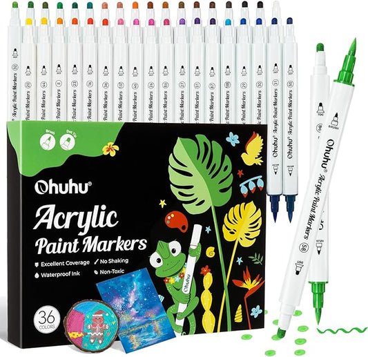 Ohuhu Acrylic Paint Markers Dual Tips: 36 Colors Brush & Dot Paint Pens High Opacity Acrylic Markers Waterproof Lightfast for Christmas Gifts Rock Painting 3D Prints Eggs Wood Glass Ceramic DIY Crafts
