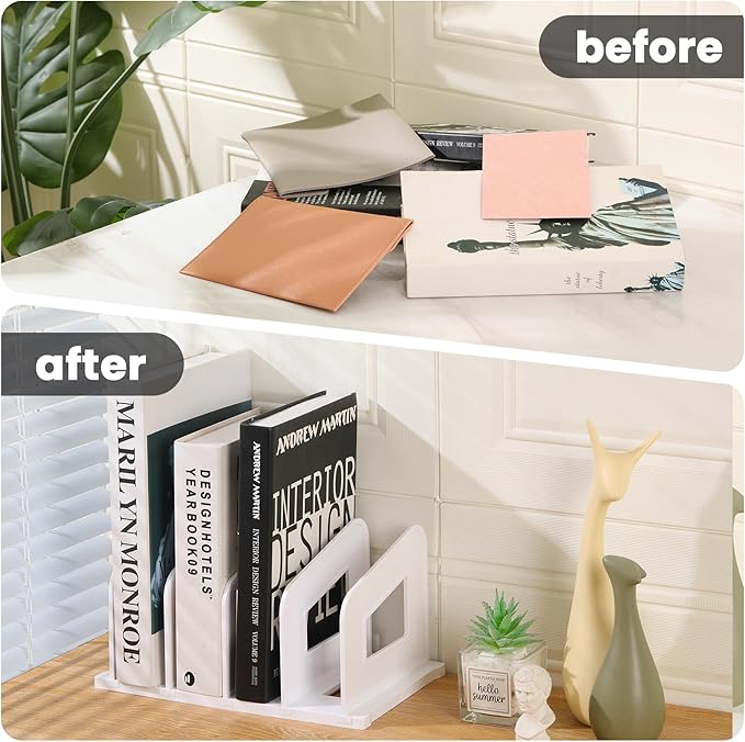 File Organizer, Acrylic Folder Organizer File Sorter, Plastic Vertical Dividers for Magazine Mail Letter Paper, Desktop Organizers for Office, Classroom & Home(4 Sections, 2 Pack), White