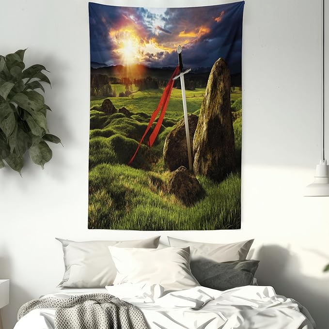 Ambesonne King Tapestry, Arthur Camelot Myth in England Ireland Fields Invincible Myth Image, Fabric Wall Hanging Decor for Bedroom Living Room Dorm, 23" X 28", Green Blue Red