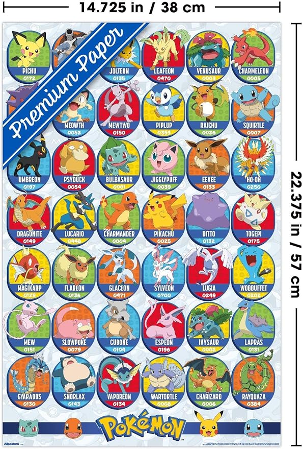 Pokémon: All-Time Favorites - Grid Wall Poster, 22.4L" x 14.7W", Premium Poster & Mount Bundle