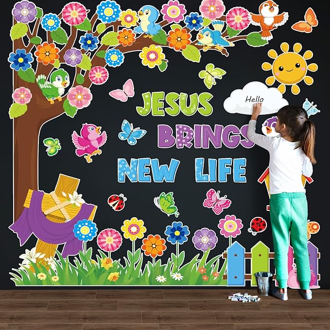 Pajean 112 Pcs Religious Bulletin Board Decorations Classroom Christian Flower Tree Bulletin Board Set Jesus Brings New Life Cutout Bible Vbs Craft for Summer Classroom Sunday School Church Supplies