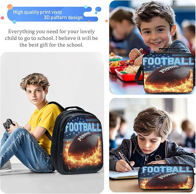 Football Backpack Set 3 Piece School Bags and Lunch Box with Pencil Case American Flag Football Bookbag Set for Toddler Kids Girls Boys Teens Kindergarten Elementary Middle