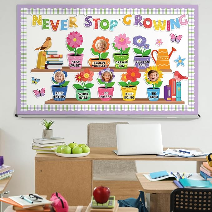 Aneco Never Stop Growing Bulletin Board Decorations Spring Inspirational Classroom Border Trim Flower Cutouts Classroom Decoration for School Home Wall Decor Supplies