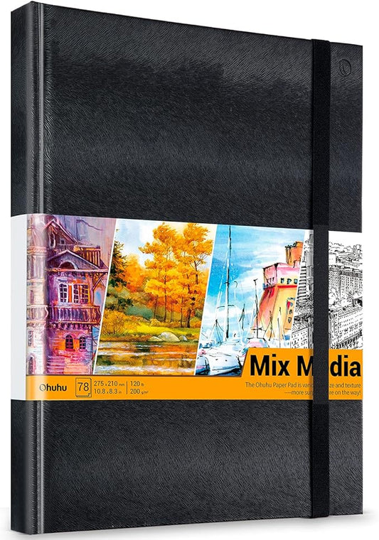 Ohuhu Mix Media Pad - 10.8"x8.3" Mixed Media Art Sketchbook, 120 lb/200 gsm Heavyweight Papers, 78 Sheets/156 Pages, PU Hardcover Mixed Media Paper Pad for Acrylic Painting Christmas Gift