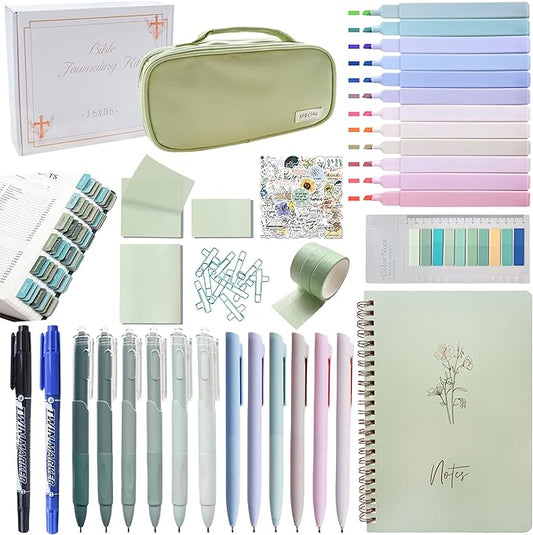 J6&H6 Complete Bible Study Supplies Journaling Kit with Tabs, Highlighters and Color Pens, Notebook,Stickers & More 56pcs Bible Accessories Set for Women, Beginner Christian Gifts(Green)