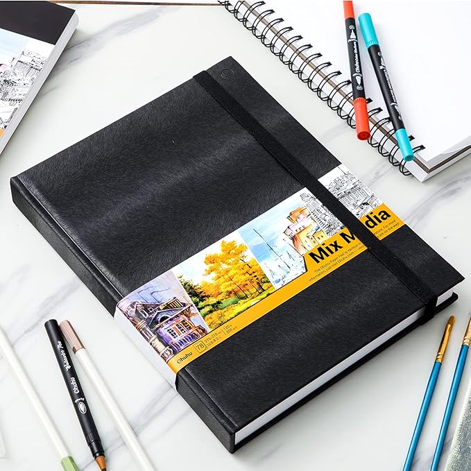 Ohuhu Mix Media Pad - 10.8"x8.3" Mixed Media Art Sketchbook, 120 lb/200 gsm Heavyweight Papers, 78 Sheets/156 Pages, PU Hardcover Mixed Media Paper Pad for Acrylic Painting Christmas Gift