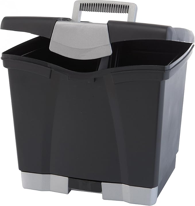 Storex Portable File Storage Box with Drawer Tray, Latch Lid, Letter Size, Black (61523U01C)