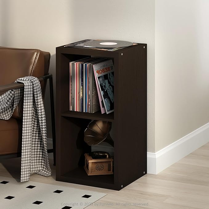 Furinno Cubicle Record Player Stand with Vinyl Storage, 2-Cube 1.2 Extra Thick Vinyl Record Storage, Open Back Media Shelf for CD DVD Blueray Game Disc, for Living Room, Home Office, Black Dark Oak
