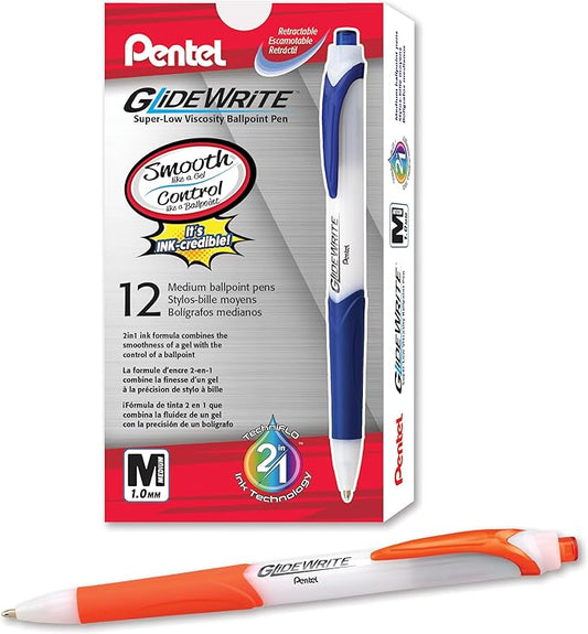 Pentel GlideWrite Ballpoint Pen with TechniFlo Ink, (1.0mm) Medium Line, Orange Ink, Box of 12 (BX910-F)
