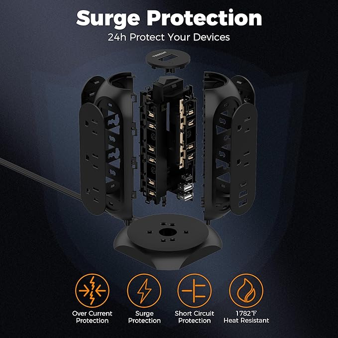 TESSAN Surge Protector Power Strip Tower with 3 USB Ports 11 Outlets, 1625W/13A, Black Extension Cord 6 Feet, 1050J Protection Desktop Charging Station for Office School Dorm Room Essentials