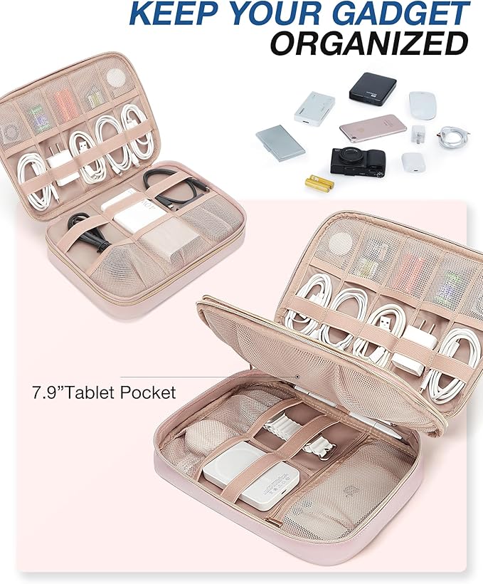 BAGSMART Electronic Organizer Case - Double Layer Cord and Tech Travel Organizer Bag for Charging Cables, Pink