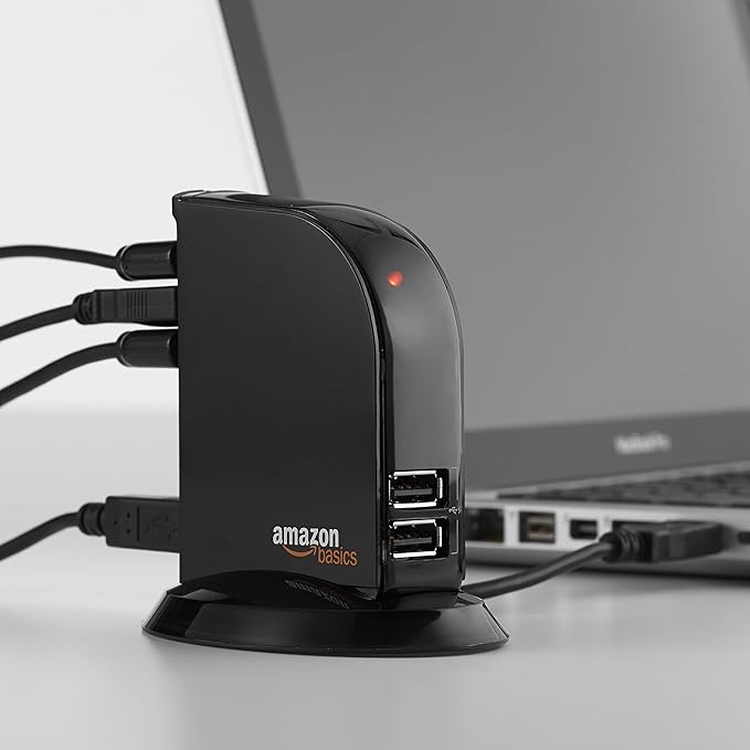 Amazon Basics 7 Port USB 2.0 Hub Tower with 5V/4A Power Adapter, Plug and Play, Charging Ports, Black