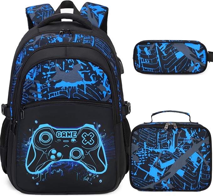 Boys Backpack for School, 3PCS Cool Luminous Gamer Backpack for Boys with Lunch Box Pencil Case, Kids Backpacks Bookbag for Teen Boy Elementary Middle High School with USB Charging Port