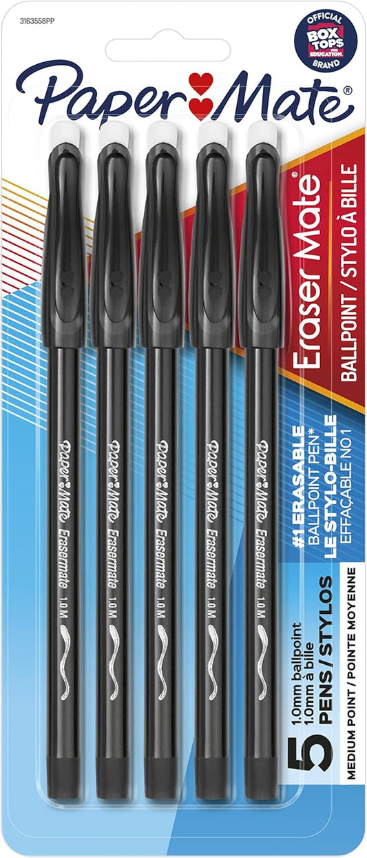 Paper Mate Erasermate Stick Medium Tip Ballpoint Pens, 5 Black Ink Pens (3150458PP)