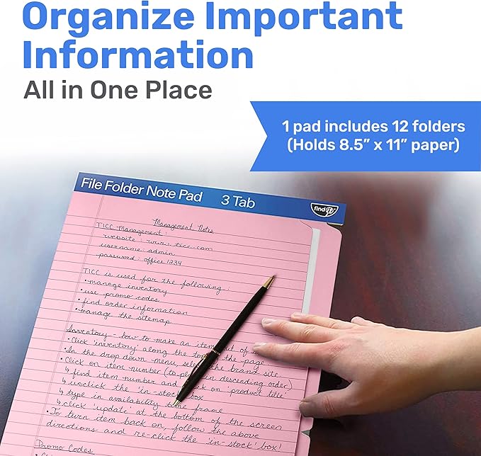 Find It File Folder Notepad - Pack of 12-9.5 x 12.5 Inch Notebook Organizer Folders for Filing, Document, and Clipboard Organization - Pink